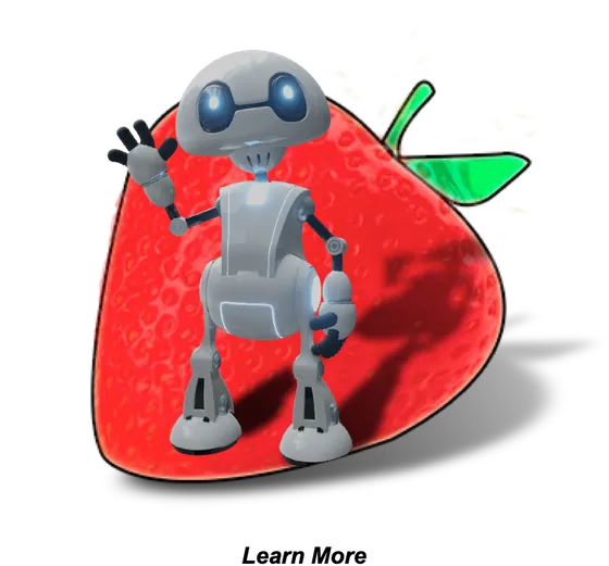 An animated robot standing on a strawberry. Learn more.