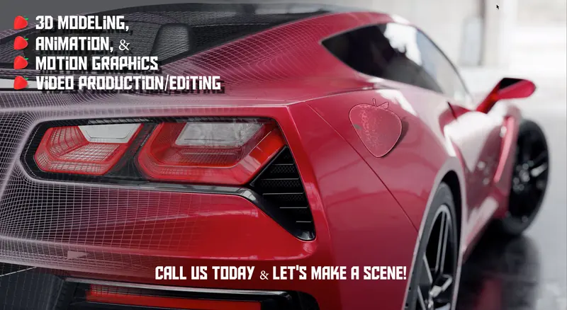 A red sports car in a 3D animation reel frame